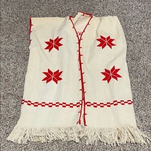 Vintage handmade - embroidered Cream and Red Fringed vest
